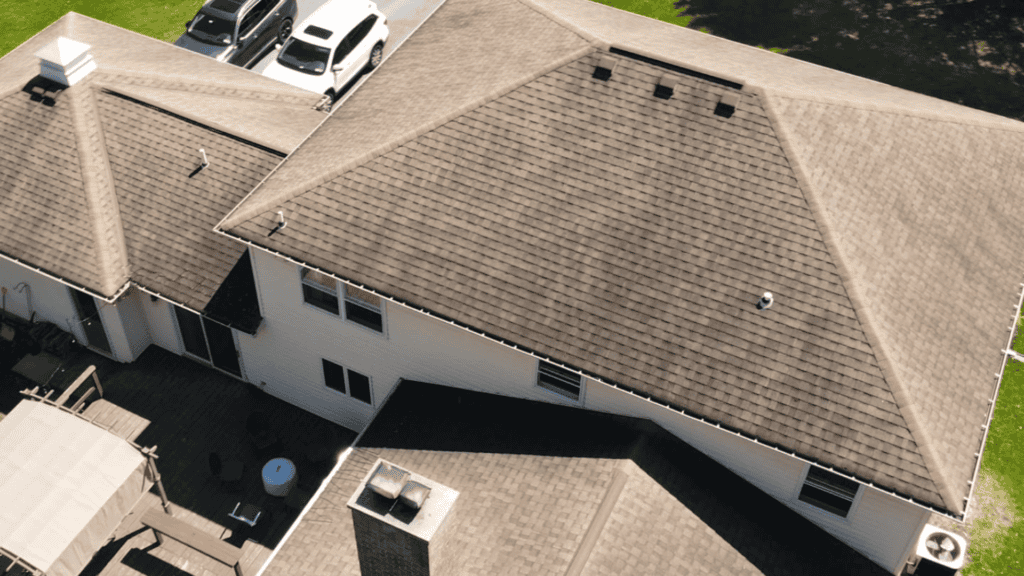 Aerial view of a residential roof for property inspection services.